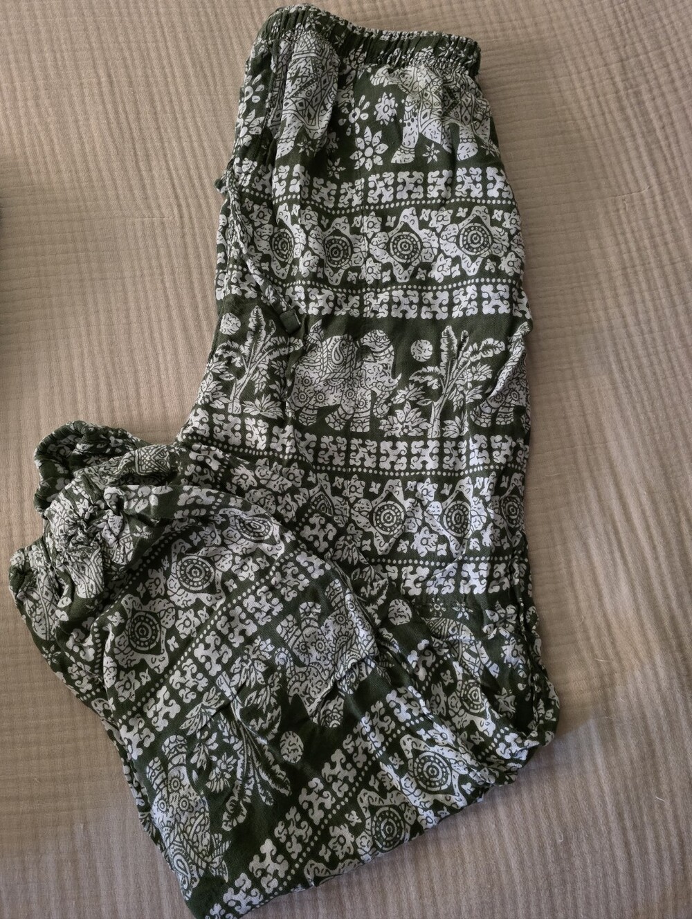 Green and White Elephant Print Harem Pants